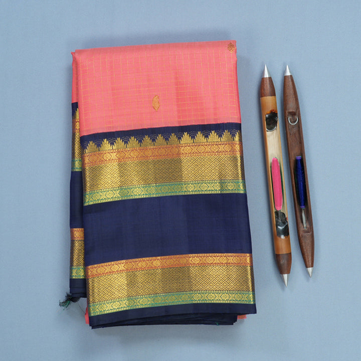 Hayagrivas Handloom Peach Pink Kanjivaram Silk Saree with Navy Blue Border KBF633G13-1
