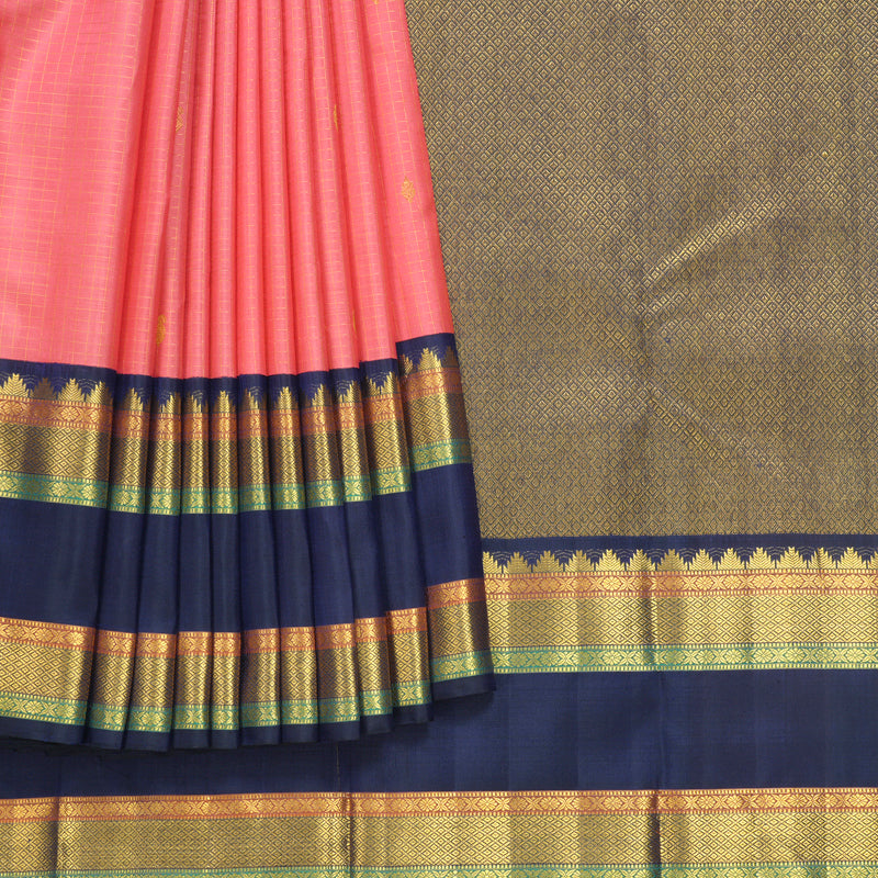 Hayagrivas Handloom Peach Pink Kanjivaram Silk Saree with Navy Blue Border KBF633G13-1
