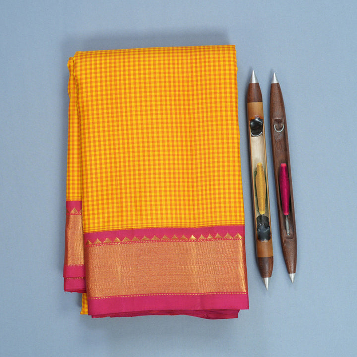 Hayagrivas Handloom Yellow &amp; Mustard Checks Kanjivaram Silk Saree with Pink Border KBF633G3-2