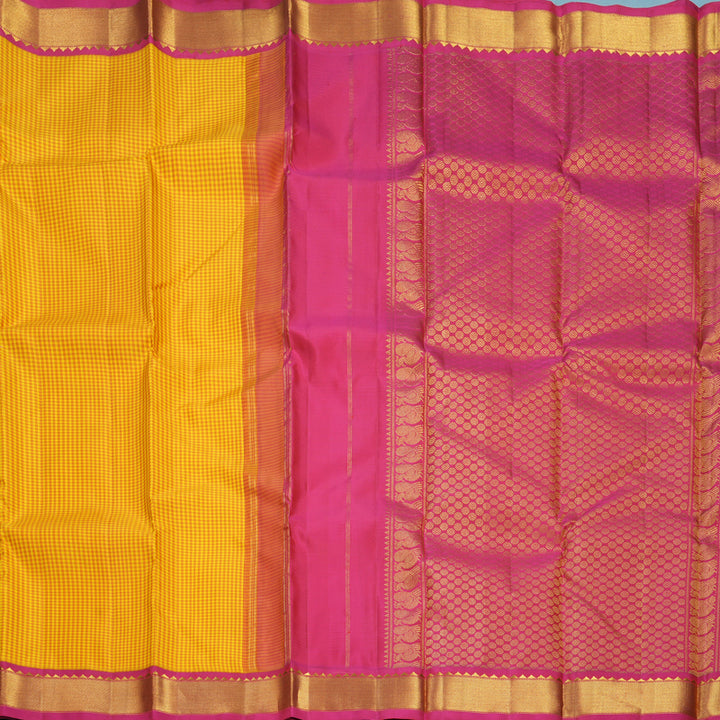 Hayagrivas Handloom Yellow &amp; Mustard Checks Kanjivaram Silk Saree with Pink Border KBF633G3-2