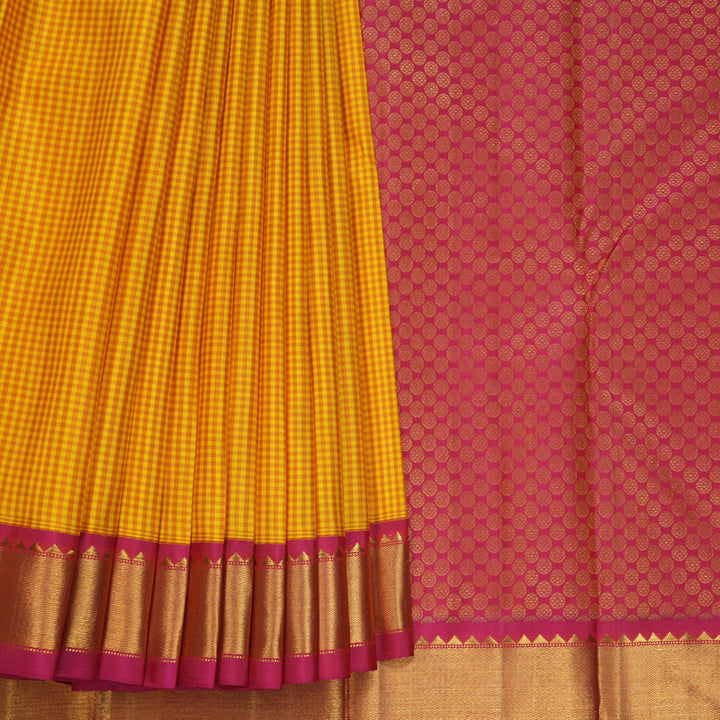 Hayagrivas Handloom Yellow &amp; Mustard Checks Kanjivaram Silk Saree with Pink Border KBF633G3-2