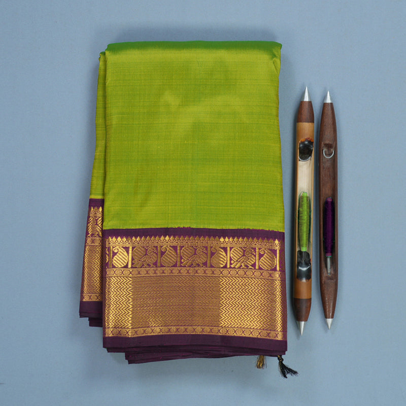 Hayagrivas Handloom Fluorescent Green Kanjivaram Silk Saree with Purple Border KBF633G4-1