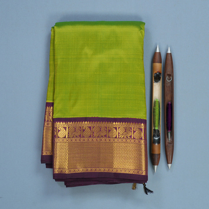 Hayagrivas Handloom Fluorescent Green Kanjivaram Silk Saree with Purple Border KBF633G4-1