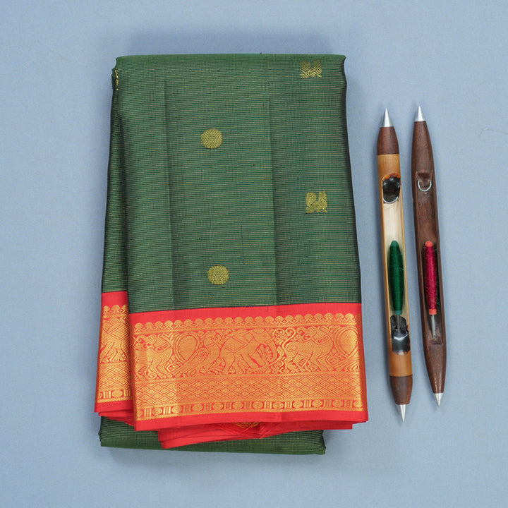 Hayagrivas Handloom Bottle Green Kanjivaram Silk Saree with Red Border KBF633G5-1