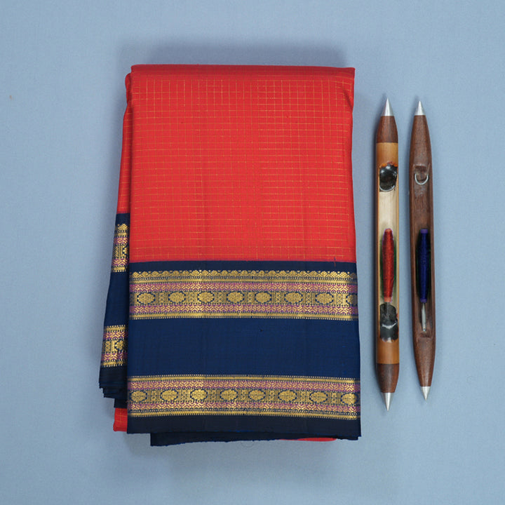 Hayagrivas Handloom Red Kanjivaram Silk Saree with Deep Peacock Blue Border KBF633G7-2