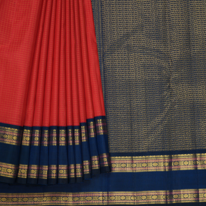 Hayagrivas Handloom Red Kanjivaram Silk Saree with Deep Peacock Blue Border KBF633G7-2