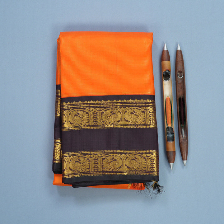 Hayagrivas Handloom Orange Kanjivaram Silk Saree with Deep Wine Border KBF633G9-1