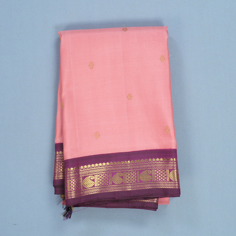 Hayagrivas Handloom Peach Pink Kanjivaram Silk Saree with Purple Border KBF636G3-1