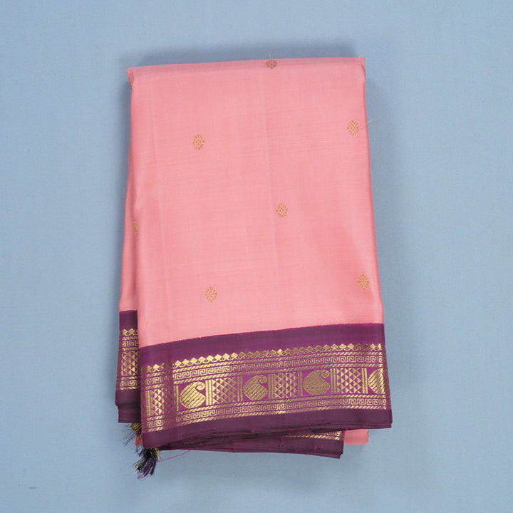 Hayagrivas Handloom Peach Pink Kanjivaram Silk Saree with Purple Border KBF636G3-1