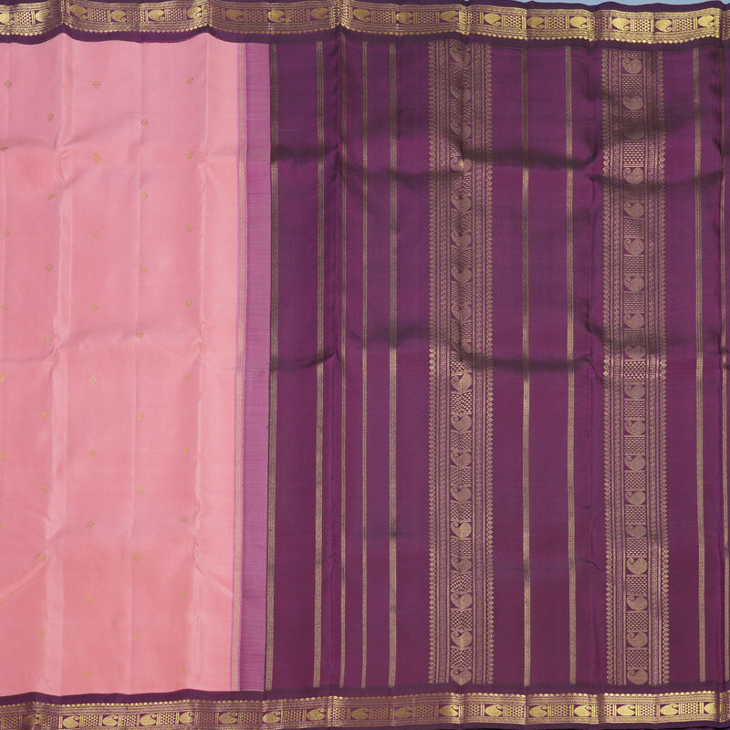Hayagrivas Handloom Peach Pink Kanjivaram Silk Saree with Purple Border KBF636G3-1