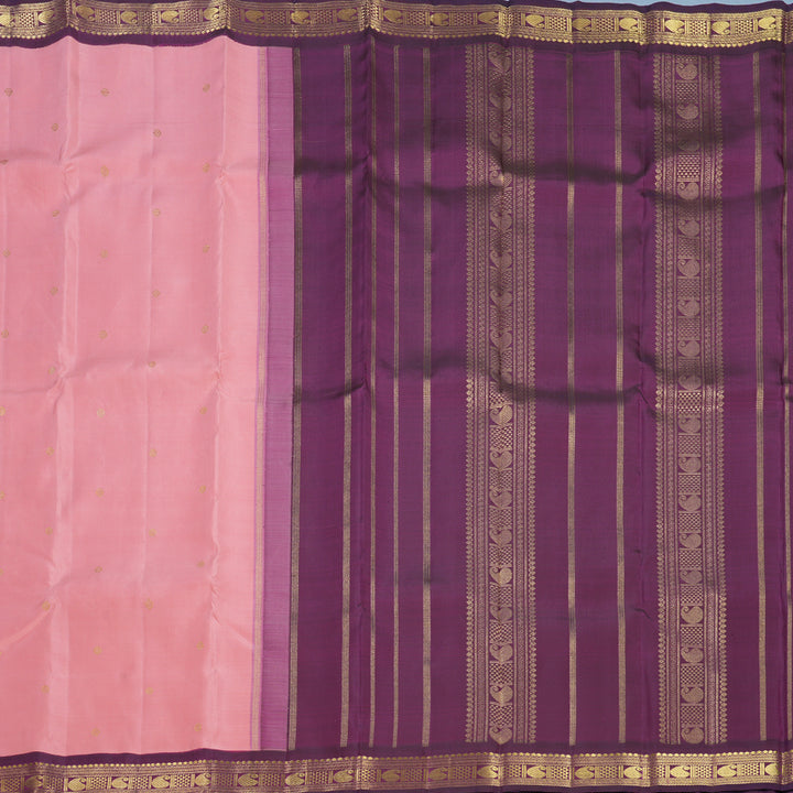 Hayagrivas Handloom Peach Pink Kanjivaram Silk Saree with Purple Border KBF636G3-1