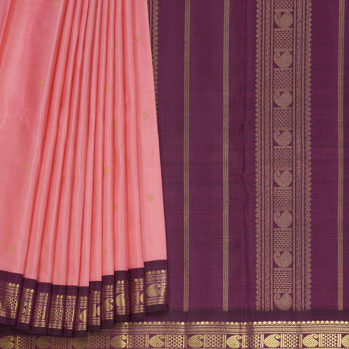 Hayagrivas Handloom Peach Pink Kanjivaram Silk Saree with Purple Border KBF636G3-1