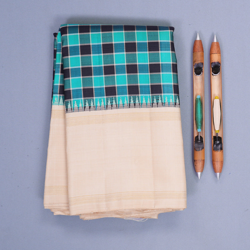 Hayagrivas Handloom Teal &amp; Black Checks Kanjivaram Silk Saree with Ivory Border KBF638G1-1