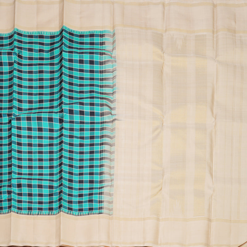 Hayagrivas Handloom Teal &amp; Black Checks Kanjivaram Silk Saree with Ivory Border KBF638G1-1