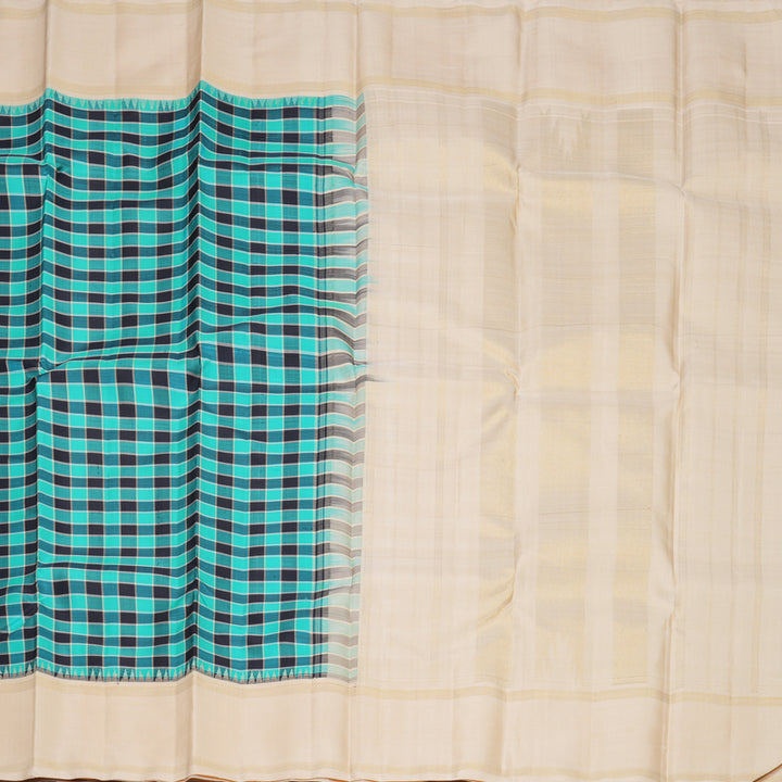 Hayagrivas Handloom Teal &amp; Black Checks Kanjivaram Silk Saree with Ivory Border KBF638G1-1