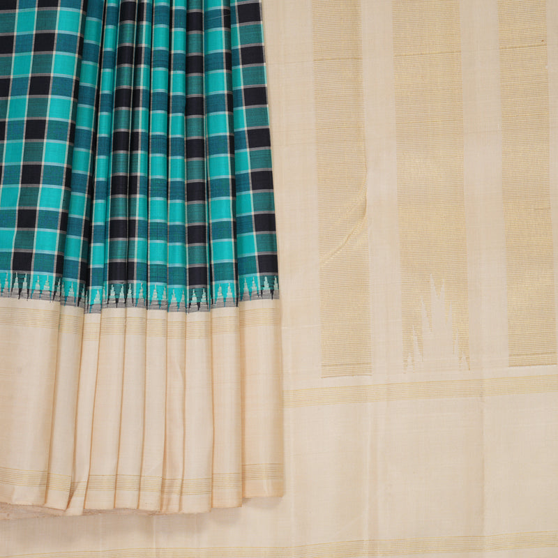 Hayagrivas Handloom Teal &amp; Black Checks Kanjivaram Silk Saree with Ivory Border KBF638G1-1