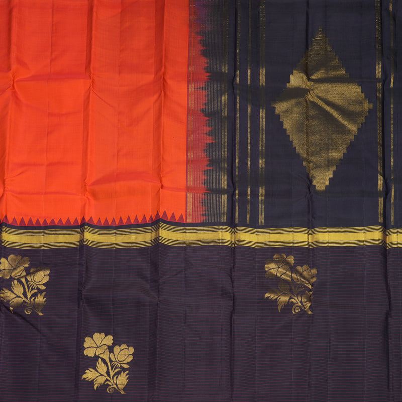 Hayagrivas Handloom Reddish-Orange Kanjivaram Silk Saree with Nagapazham Border KBF638G10-1