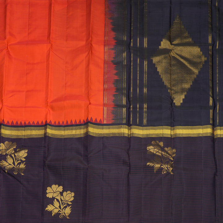 Hayagrivas Handloom Reddish-Orange Kanjivaram Silk Saree with Nagapazham Border KBF638G10-1