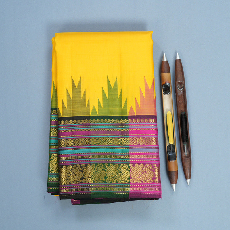 Hayagrivas Handloom Yellow Kanjivaram Silk Saree with Multicolour Border KBF638G2-4