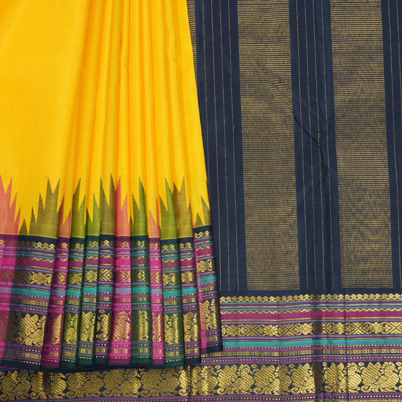 Hayagrivas Handloom Yellow Kanjivaram Silk Saree with Multicolour Border KBF638G2-4