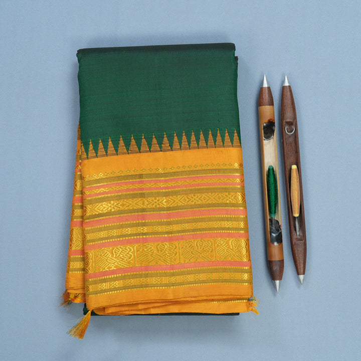 Hayagrivas Handloom Bottle Green Kanjivaram Silk Saree with Mustard Yellow Border KBF638G5-1