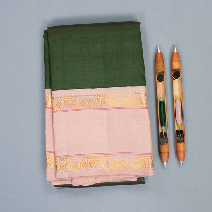 Hayagrivas Handloom Bottle Green Kanjivaram Silk Saree with Pastel Pink Border KBF638G7-1
