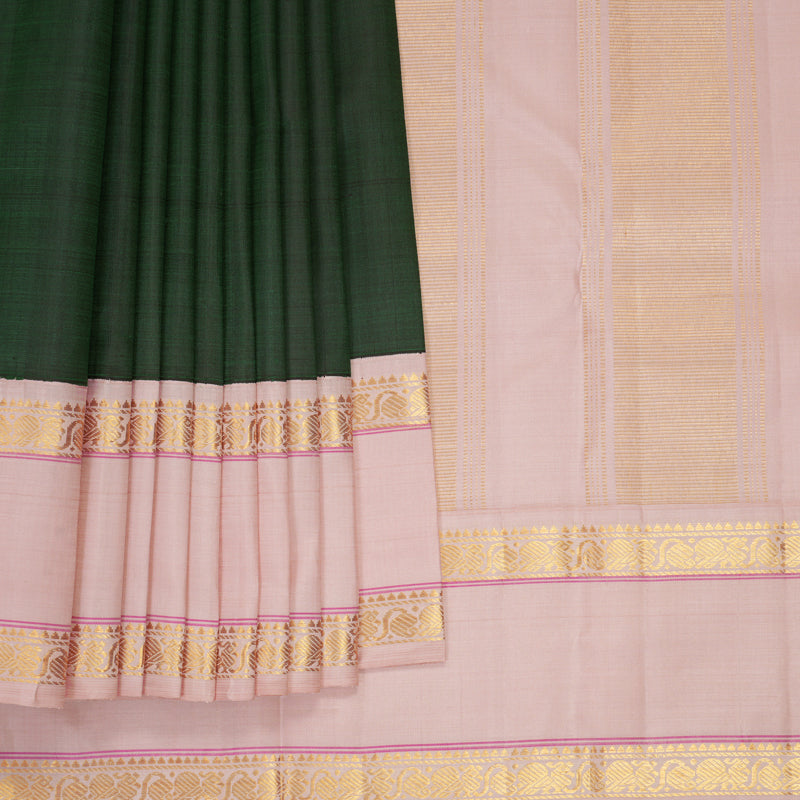 Hayagrivas Handloom Bottle Green Kanjivaram Silk Saree with Pastel Pink Border KBF638G7-1