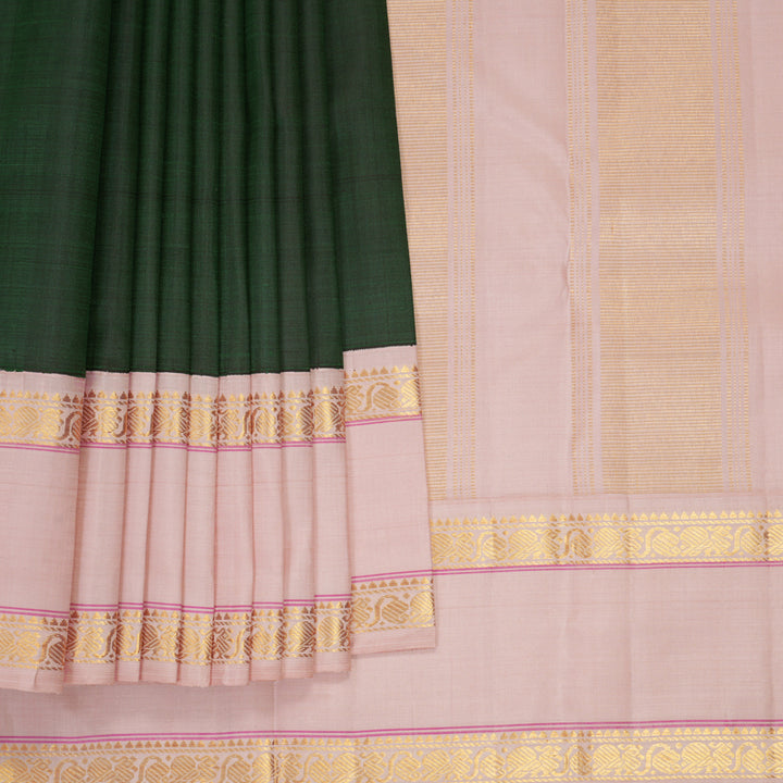 Hayagrivas Handloom Bottle Green Kanjivaram Silk Saree with Pastel Pink Border KBF638G7-1