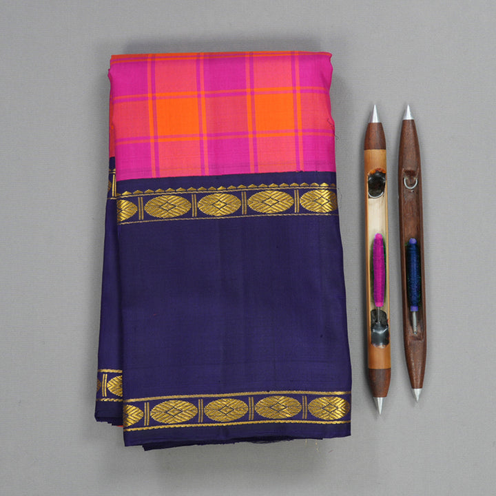 Hayagrivas Handloom Pink &amp; Orange Checks Kanjivaram Silk Saree with Navy Blue Border KBF638G8-1