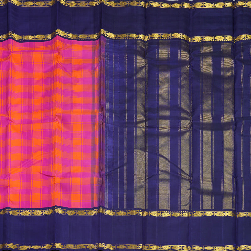 Hayagrivas Handloom Pink &amp; Orange Checks Kanjivaram Silk Saree with Navy Blue Border KBF638G8-1
