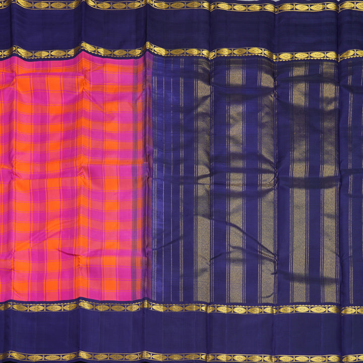 Hayagrivas Handloom Pink &amp; Orange Checks Kanjivaram Silk Saree with Navy Blue Border KBF638G8-1