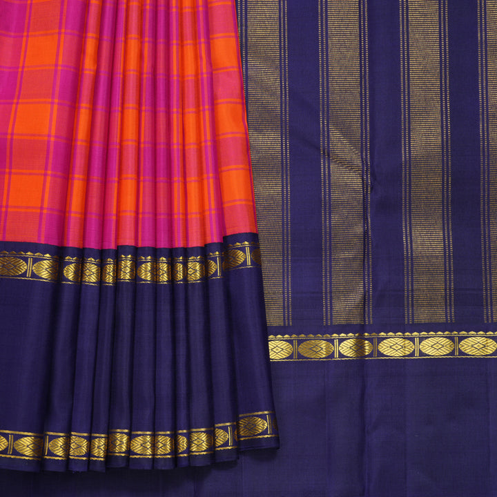 Hayagrivas Handloom Pink &amp; Orange Checks Kanjivaram Silk Saree with Navy Blue Border KBF638G8-1