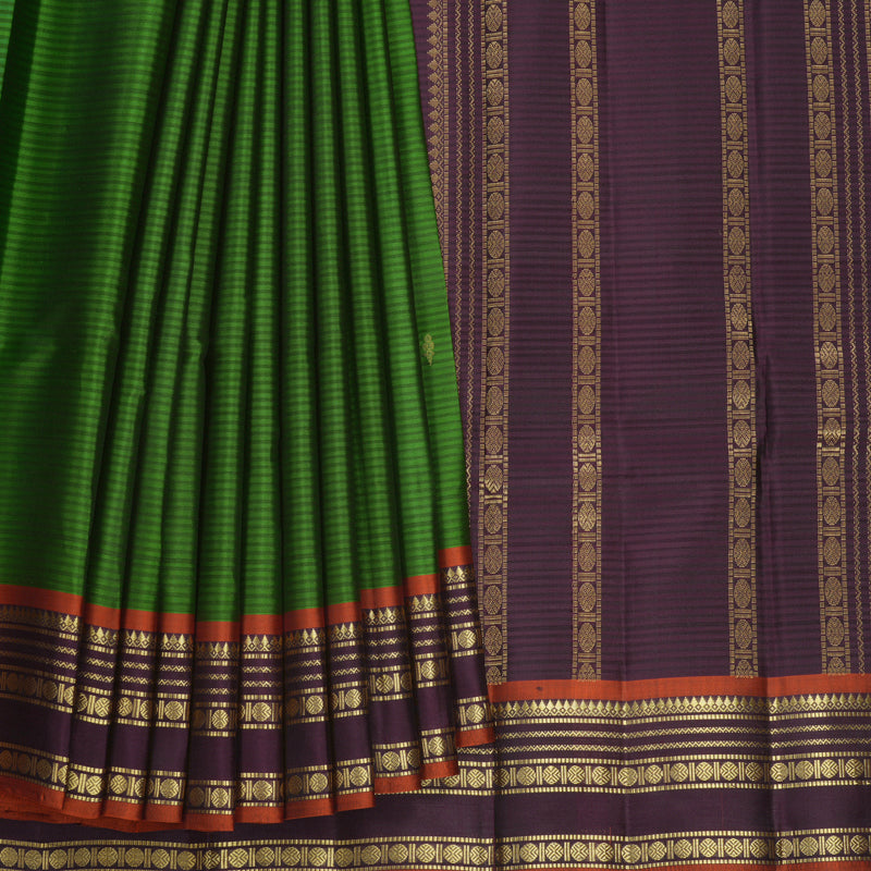 Hayagrivas Handloom Olive Green Kanjivaram Silk Saree with Plum Purple Border KBF644G1-12