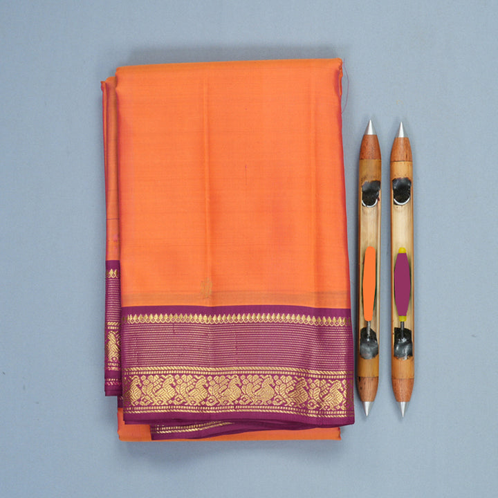 Hayagrivas Handloom Peach Orange Kanjivaram Silk Saree with Purple Border KBF644G2-14