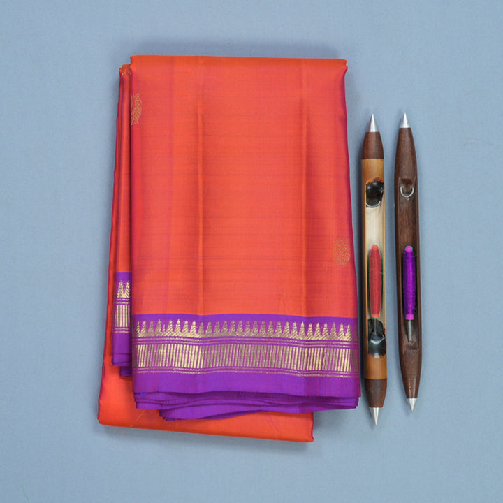 Hayagrivas Handloom Orangish-Pink Kanjivaram Silk Saree with Purple Border KBF644G2-15