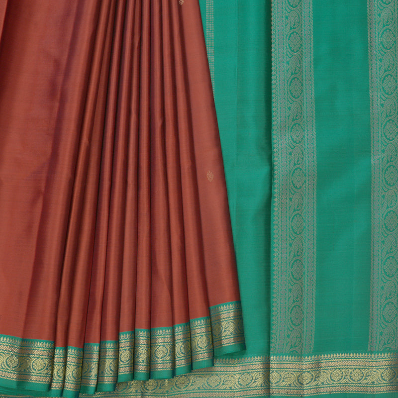 Hayagrivas Handloom Rust Orange Kanjivaram Silk Saree with Peacock Green Border KBF644G2-21