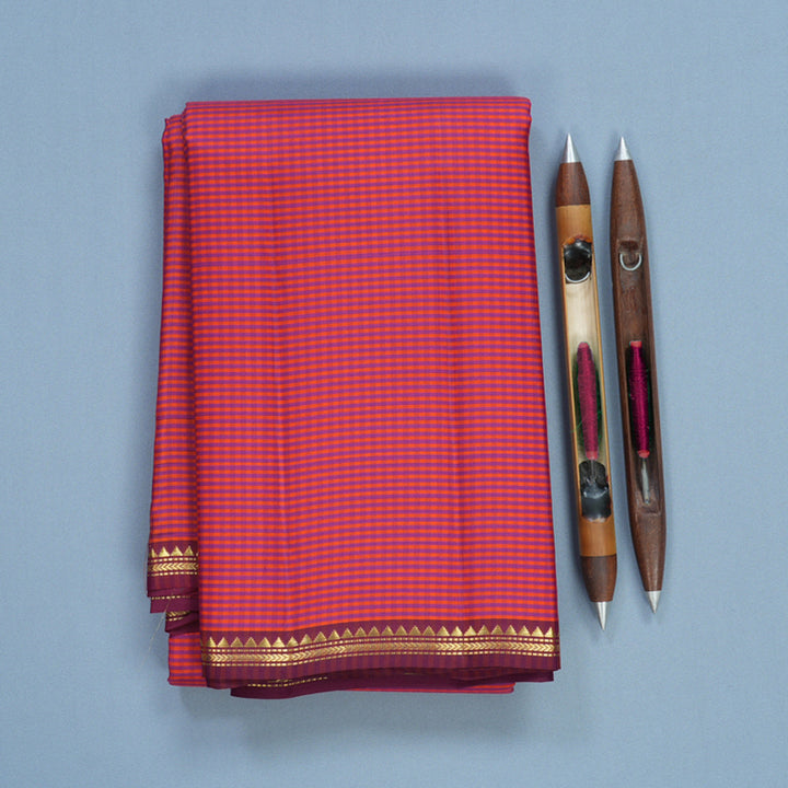 Hayagrivas Handloom Orange &amp; Pink Checks Kanjivaram Silk Saree KBF644G4-6