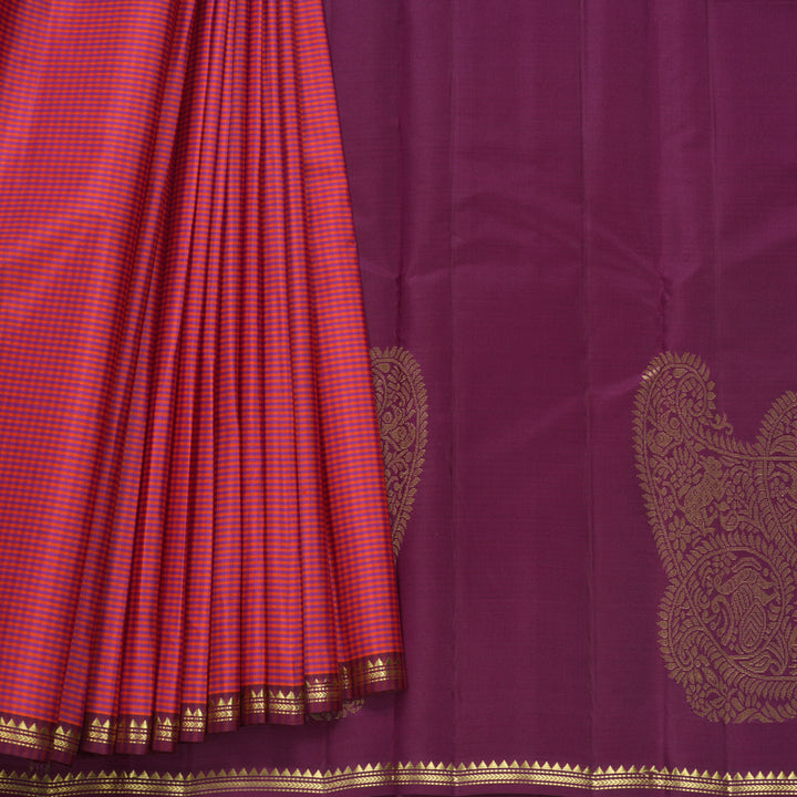 Hayagrivas Handloom Orange &amp; Pink Checks Kanjivaram Silk Saree KBF644G4-6