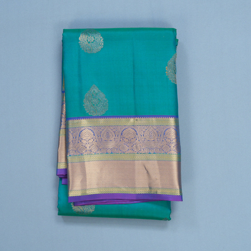 Hayagrivas Handloom Aqua Green Kanjivaram Silk Saree with Purple Border KBF648G3-4