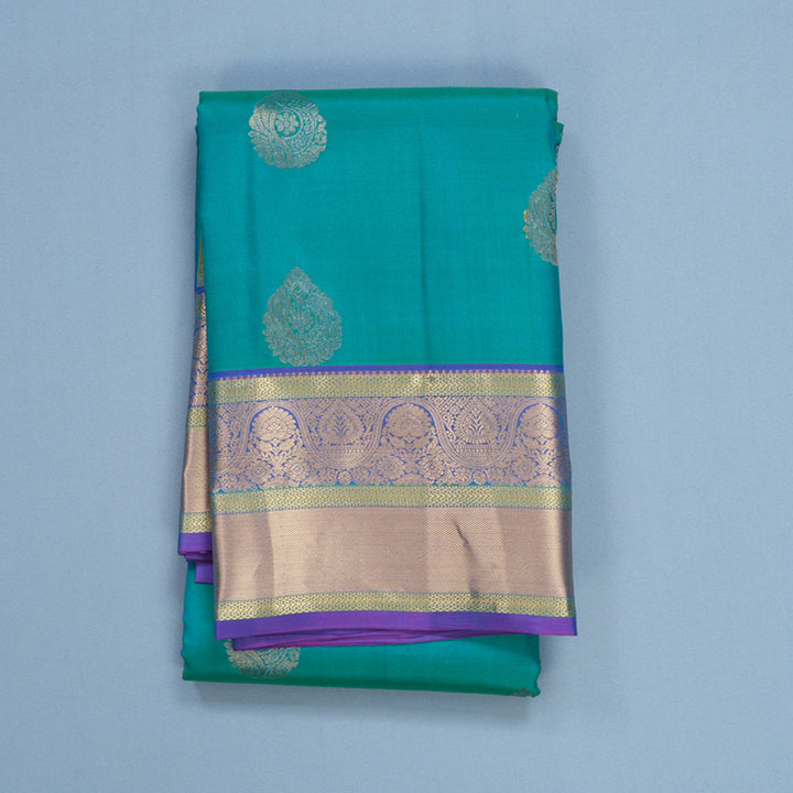 Hayagrivas Handloom Aqua Green Kanjivaram Silk Saree with Purple Border KBF648G3-4