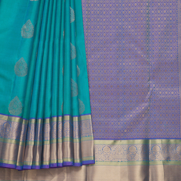 Hayagrivas Handloom Aqua Green Kanjivaram Silk Saree with Purple Border KBF648G3-4