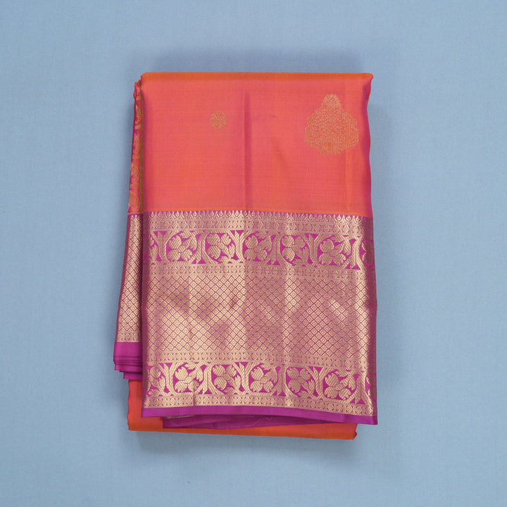 Hayagrivas Handloom Orangish-Pink Kanjivaram Silk Saree with Purple Border KBF648G4-3
