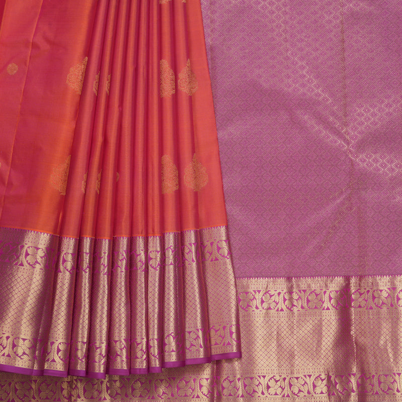Hayagrivas Handloom Orangish-Pink Kanjivaram Silk Saree with Purple Border KBF648G4-3