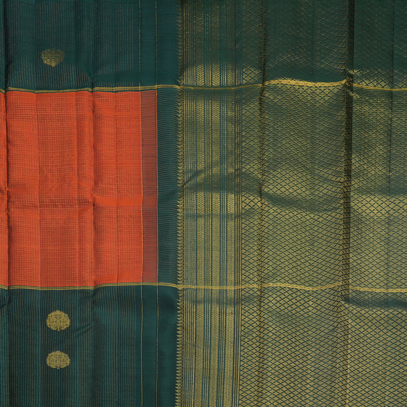 Hayagrivas Handloom Rust Orange Kanjivaram Silk Saree with Bottle Green Border KBF652G1-2