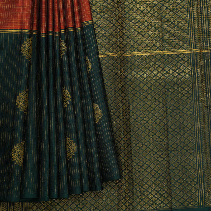 Hayagrivas Handloom Rust Orange Kanjivaram Silk Saree with Bottle Green Border KBF652G1-2