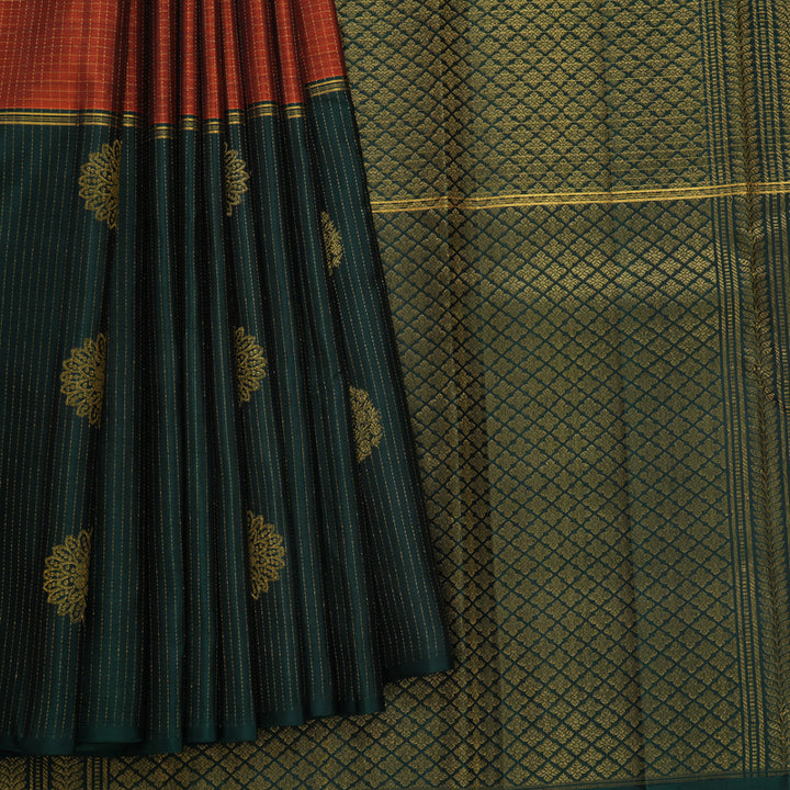 Hayagrivas Handloom Rust Orange Kanjivaram Silk Saree with Bottle Green Border KBF652G1-2
