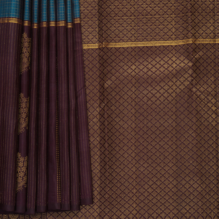 Hayagrivas Handloom Peacock Green Kanjivaram Silk Saree with Coffee Brown Border KBF652G1-3