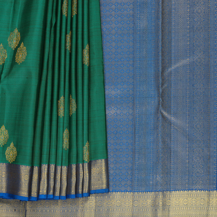 Hayagrivas Handloom Rama Green Kanjivaram Silk Saree with Ananda Blue Border KBF652G4-11
