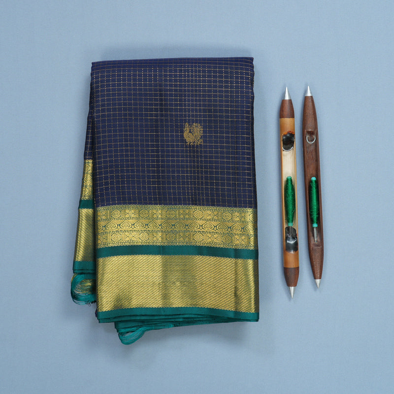 Hayagrivas Handloom Navy Blue Kanjivaram Silk Saree with Peacock Green Border KBF652G5-3