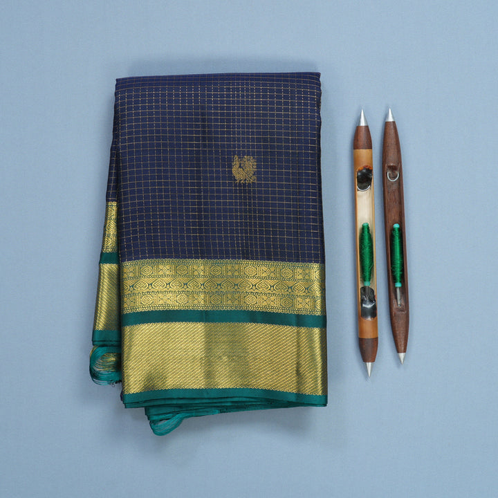 Hayagrivas Handloom Navy Blue Kanjivaram Silk Saree with Peacock Green Border KBF652G5-3